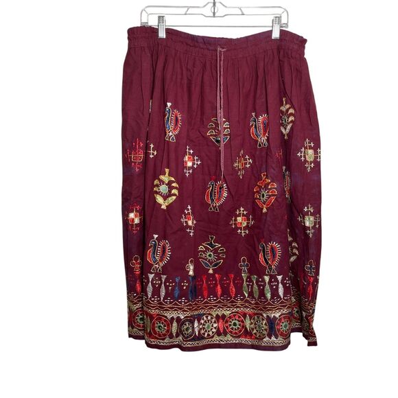 Women's One Size Maroon Embroidered Art To Wear Midi Drawstring Artsy Colorful - Picture 1 of 12